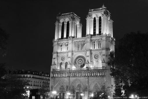 2016. La cathédrale de Paris avant l'incendie. Vue nocturne de la façade. Iliz-veur Pariz (2016)  a-raok an tan-gwall.